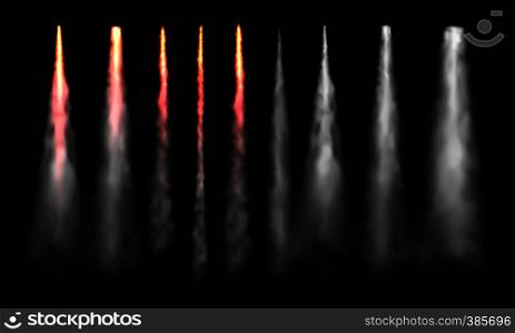 Rockets tracks. Space rocket launch smoke, plane jets track and aircraft smoke cloud. Aviation jet fly or spaceship sky air tracks steam. 3D realistic vector isolated sign set. Rockets tracks. Space rocket launch smoke, plane jets track and aircraft smoke cloud realistic vector set