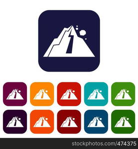 Rockfall icons set vector illustration in flat style In colors red, blue, green and other. Rockfall icons set