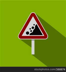 Rockfall traffic sign icon. Flat illustration of rockfall traffic sign vector icon for web isolated on lime background. Rockfall traffic sign icon, flat style
