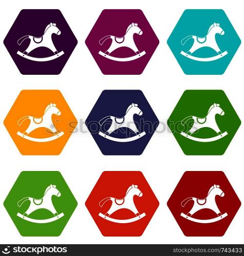 Rocking horse icon set many color hexahedron isolated on white vector illustration. Rocking horse icon set color hexahedron