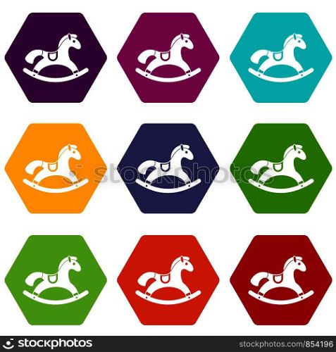 Rocking horse icon set many color hexahedron isolated on white vector illustration. Rocking horse icon set color hexahedron