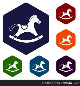 Rocking horse icons set hexagon isolated vector illustration. Rocking horse icons set hexagon