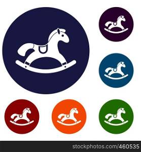 Rocking horse icons set in flat circle reb, blue and green color for web. Rocking horse icons set