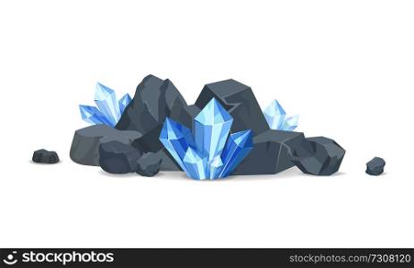 Rocks and minerals collection, poster with stones and crystals of blue color, set of expensive object vector illustration isolated on white background. Rocks and Minerals Collection Vector Illustration