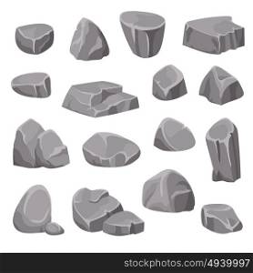 Rocks And Stones Elements. Rocks and stones flat isolated elements different shapes and shades of gray on white background isometric vector illustration