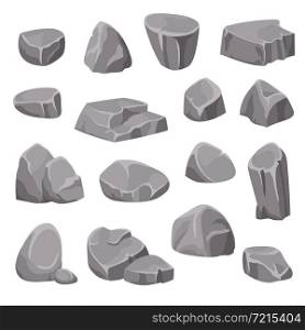 Rocks and stones flat isolated elements different shapes and shades of gray on white background isometric vector illustration . Rocks And Stones Elements