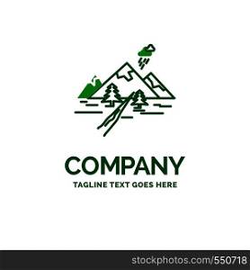 rocks, hill, landscape, nature, mountain Flat Business Logo template. Creative Green Brand Name Design.