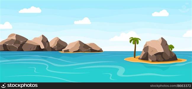 Rocks in water, sea with giant stones and sand island with palm tree. Nature background, aquatic world. Tropical beach vector scene. Illustration of rock stone natural, seascape landscape. Rocks in water, sea with giant stones and sand island with palm tree. Nature background, aquatic world. Tropical beach vector scene