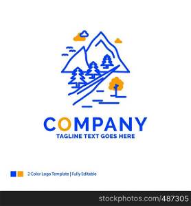 rocks, tree, hill, mountain, nature Blue Yellow Business Logo template. Creative Design Template Place for Tagline.