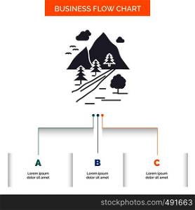 rocks, tree, hill, mountain, nature Business Flow Chart Design with 3 Steps. Glyph Icon For Presentation Background Template Place for text.. Vector EPS10 Abstract Template background