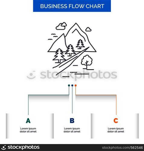 rocks, tree, hill, mountain, nature Business Flow Chart Design with 3 Steps. Line Icon For Presentation Background Template Place for text. Vector EPS10 Abstract Template background