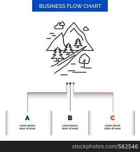 rocks, tree, hill, mountain, nature Business Flow Chart Design with 3 Steps. Line Icon For Presentation Background Template Place for text. Vector EPS10 Abstract Template background