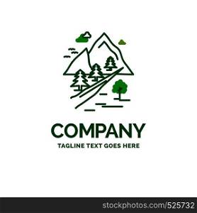 rocks, tree, hill, mountain, nature Flat Business Logo template. Creative Green Brand Name Design.