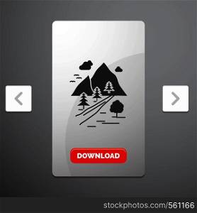 rocks, tree, hill, mountain, nature Glyph Icon in Carousal Pagination Slider Design & Red Download Button. Vector EPS10 Abstract Template background