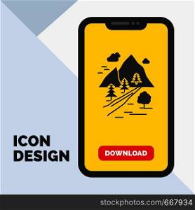 rocks, tree, hill, mountain, nature Glyph Icon in Mobile for Download Page. Yellow Background. Vector EPS10 Abstract Template background