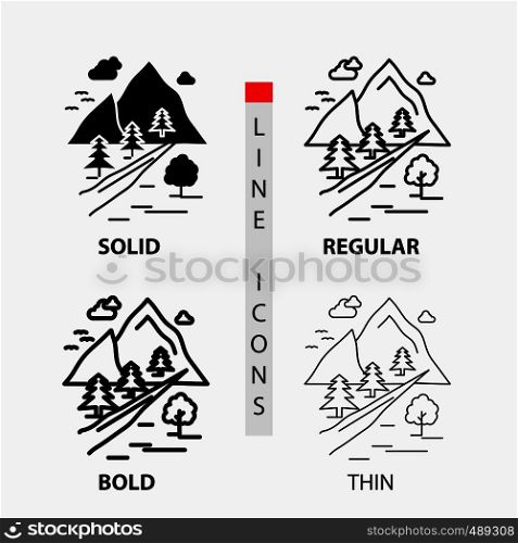 rocks, tree, hill, mountain, nature Icon in Thin, Regular, Bold Line and Glyph Style. Vector illustration. Vector EPS10 Abstract Template background