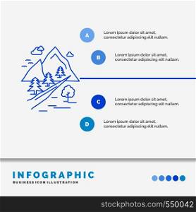 rocks, tree, hill, mountain, nature Infographics Template for Website and Presentation. Line Blue icon infographic style vector illustration. Vector EPS10 Abstract Template background