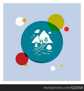 rocks, tree, hill, mountain, nature White Glyph Icon colorful Circle Background. Vector EPS10 Abstract Template background