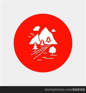 rocks, tree, hill, mountain, nature White Glyph Icon in Circle. Vector Button illustration. Vector EPS10 Abstract Template background