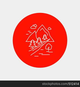 rocks, tree, hill, mountain, nature White Line Icon in Circle background. vector icon illustration. Vector EPS10 Abstract Template background