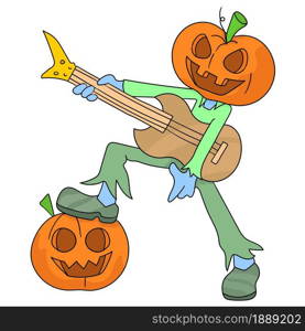 rockstar in pumpkin costume playing guitar. cartoon illustration sticker emoticon