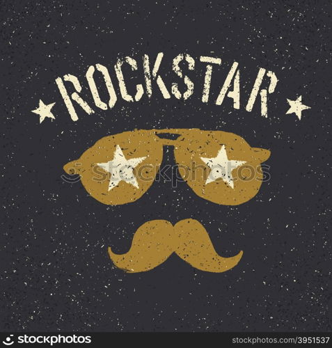 Rockstar. Sunglasses with stars and moustache with lettering. Tee print design template