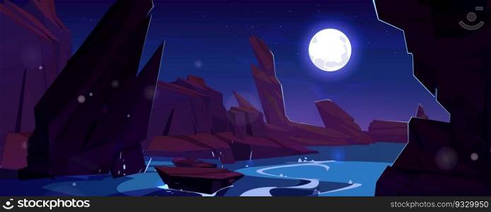Rocky mountain night landscape with blue river flow. Vector cartoon illustration of ancient canyon cliffs, huge stones, stream lake water under blue sky with full moon light. Adventure game background. Rocky mountain landscape with flowing blue river