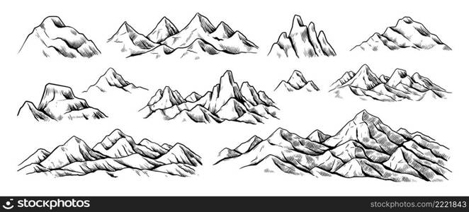 Rocky mountains sketch. Hand drawn nature landscape engraving. Extreme hike and summit climbing background. Scenic cliffs and peaks panorama. Highlands scenery. Vector isolated outline rock ridges set. Rocky mountains sketch. Hand drawn nature landscape engraving. Hike and summit climbing background. Scenic cliffs and peaks panorama. Highlands scenery. Vector outline rock ridges set