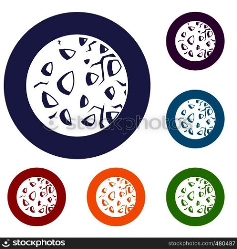 Rocky planet icons set in flat circle red, blue and green color for web. Rocky planet icons set