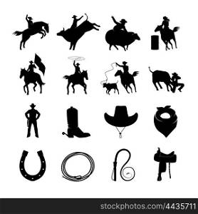 Rodeo Black Icons Set. Rodeo black icons with cowboys silhouettes riding on bulls and wild horses and rodeo accessories isolated vector illustration