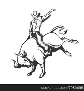 Rodeo cowboy riding a wild bull. Monochrome isolated on white.
