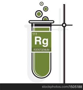 Roentgenium symbol on label in a green test tube with holder. Element number 111 of the Periodic Table of the Elements - Chemistry
