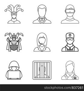 Role icons set. Outline set of 9 role vector icons for web isolated on white background. Role icons set, outline style