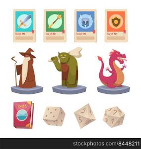Role play games. Dnd polygonal dice for multiplayer fantasy games rpg enemy fairytale medieval adventure symbols exact vector cartoon illustration. Geometrical polygon gaming, role-playing. Role play games. Dnd polygonal dice for multiplayer fantasy games rpg enemy fairytale medieval adventure symbols exact vector cartoon illustration