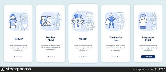 Roles in dysfunctional families light blue onboarding mobile app screen. Walkthrough 5 steps graphic instructions pages with linear concepts. UI, UX, GUI template. Myriad Pro-Bold, Regular fonts used. Roles in dysfunctional families light blue onboarding mobile app screen