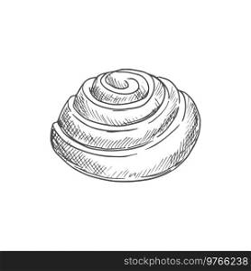 Roll isolated sketch of bun with cinnamon spice. Vector sweet pastry food, swirled cake. Swirled cake isolated sketch of stuffed sweet bun