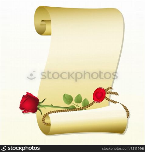 Roll of paper with rose on a white background