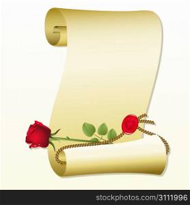 Roll of paper with rose on a white background