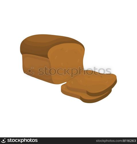roll of rye brown bread in cartoon style. Loaf and two slices of bread on a white background. For packaging and menu