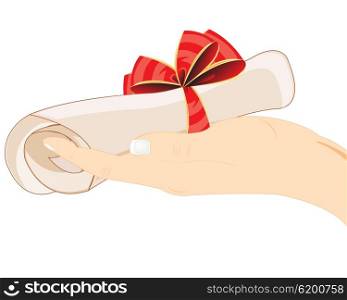 Roll of the paper in hand. Roll of the paper by decorated bow in hand of the person