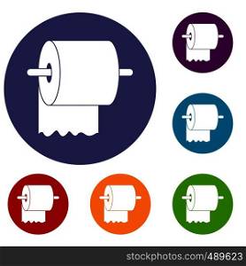 Roll of toilet paper on holder icons set in flat circle red, blue and green color for web. Roll of toilet paper on holder icons set