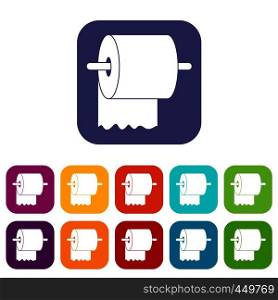 Roll of toilet paper on holder icons set vector illustration in flat style In colors red, blue, green and other. Roll of toilet paper on holder icons set flat