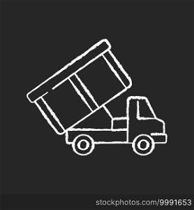 Roll-off truck chalk white icon on black background. Open top dumpster. Organizational clear outs. Convenient disposal option. Hauling household junk. Isolated vector chalkboard illustration. Roll-off truck chalk white icon on black background