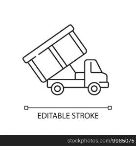 Roll-off truck linear icon. Open top dumpster. Organizational clear outs. Disposal option. Thin line customizable illustration. Contour symbol. Vector isolated outline drawing. Editable stroke. Roll-off truck linear icon