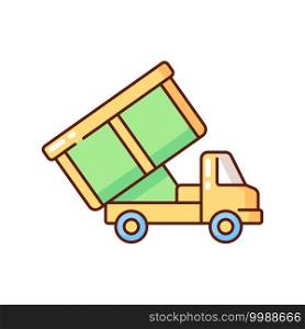 Roll-off truck RGB color icon. Open top dumpster. Organizational clear outs. Convenient disposal option. Remodeling debris. Local landfills, sorting facilities. Isolated vector illustration. Roll-off truck RGB color icon