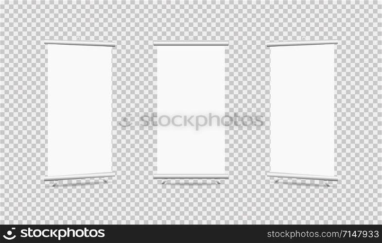 Roll up 3d ad banners on transparent background. Blank roll up banner stand. Mock up, template. Empty advertising poster. Presentation template design. Product advertising. EPS 10
