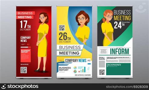 Roll Up Banner Set Vector. Vertical Billboard Template. Business Woman. Expo, Presentation, Festival. For Corporate Forum. Presentation Concept. Realistic Flat Illustration. Roll Up Banner Set Vector. Vertical Billboard Template. Business Woman. Expo, Presentation, Festival. For Corporate Forum