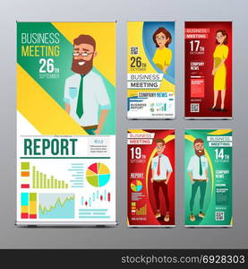 Roll Up Banner Set Vector. Vertical Billboard Template. Businessman And Business Woman. Expo, Presentation, Festival. For Corporate Forum. Presentation Concept. Realistic Flat Illustration. Roll Up Display Set Vector. Vertical Poster Template Layout. Businessman And Business Woman. Tech, Science. For Business Meeting. Advertising Concept. Business Cartoon Illustration