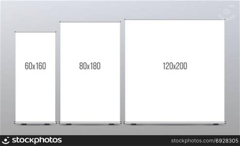 Roll Up Banner Stand Set Vector. Vertical Billboard. Poster For Forum. Empty Mock Up. White Show Display. Realistic Illustration. Roll Up Banner Stand Vector. Vertical Board Set For Trade Advertising Design. Corporate Business Roll Up. Empty Template.