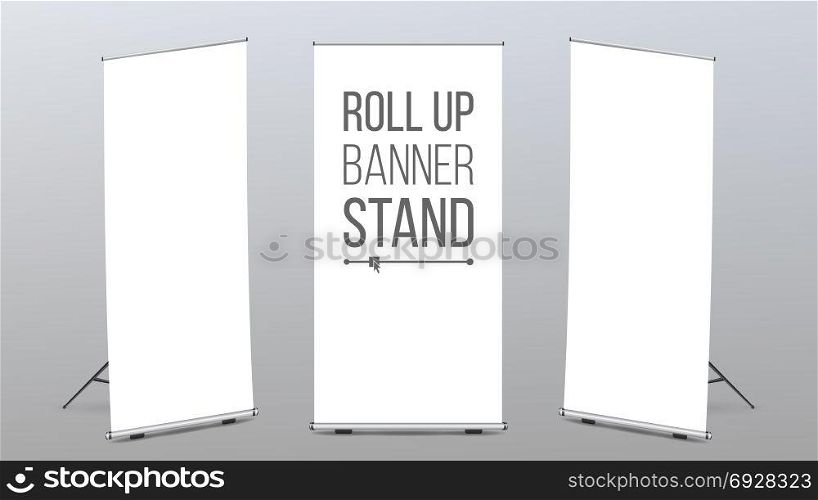 Roll Up Banner Stand Vector. Pop Up Flipchart For Training. Flag Design Layout. Poster For Conference. Empty Mock Up.. Roll Up Banner Stand Set Vector. Vertical Billboard. Poster For Forum. Empty Mock Up. White Show Display. Realistic Illustration